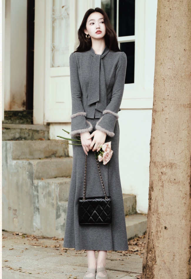 Slim knitted skirt mermaid winter cardigan 2pcs set