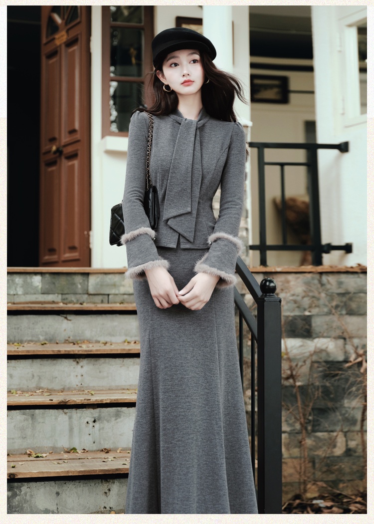 Slim knitted skirt mermaid winter cardigan 2pcs set