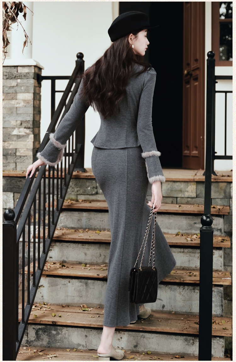 Slim knitted skirt mermaid winter cardigan 2pcs set