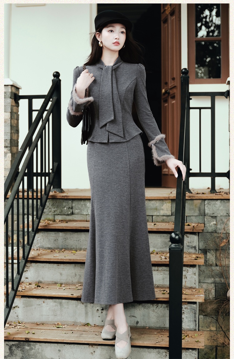 Slim knitted skirt mermaid winter cardigan 2pcs set