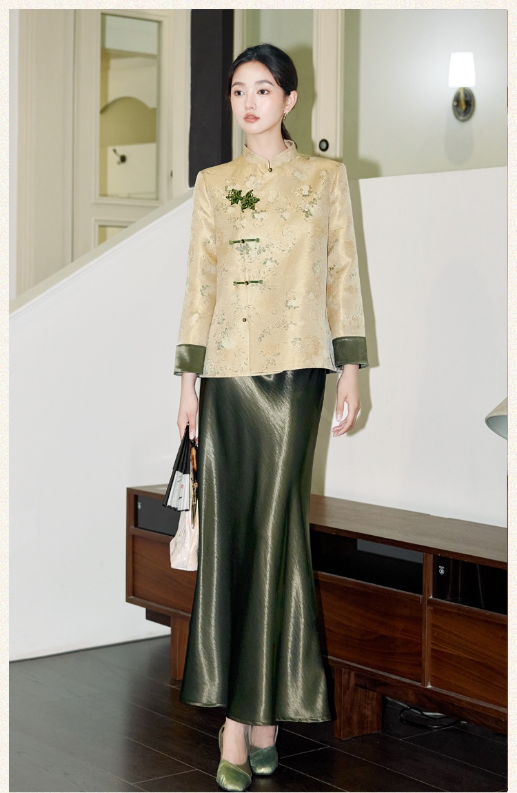 Chinese style jacquard coat cstand collar skirt a set