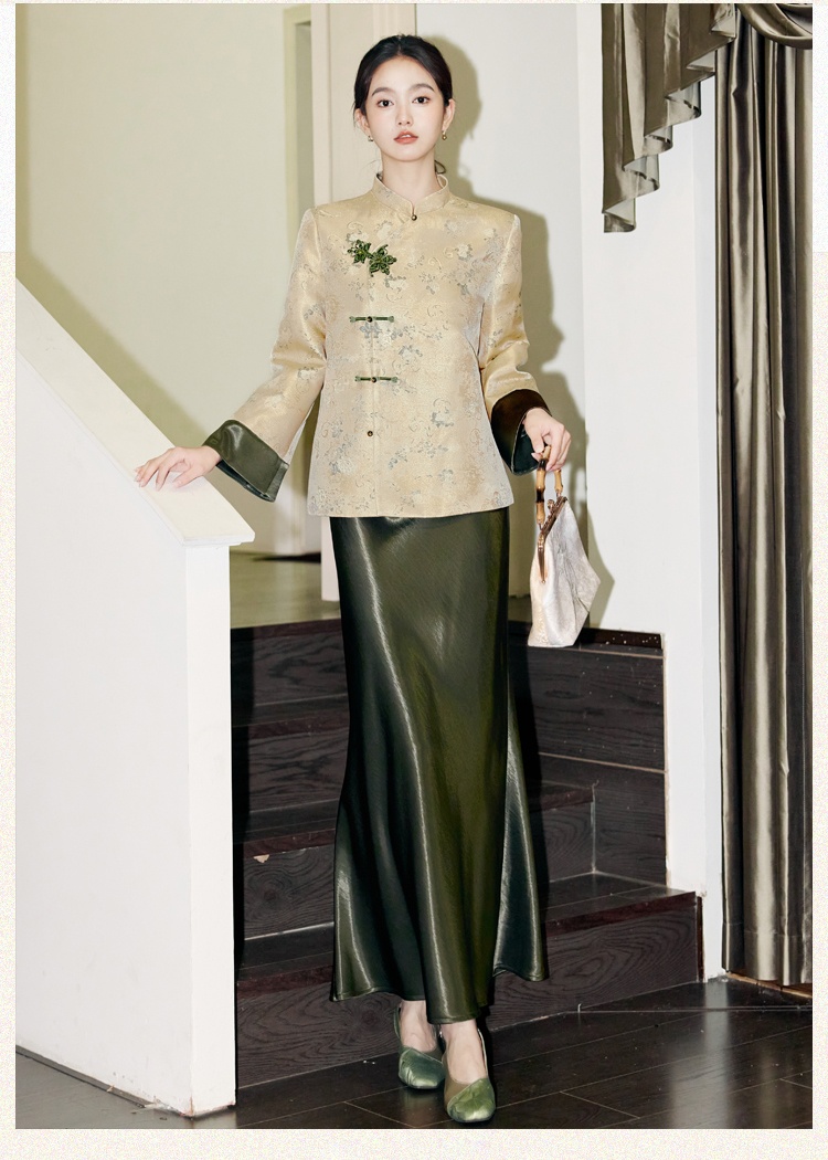 Chinese style jacquard coat cstand collar skirt a set