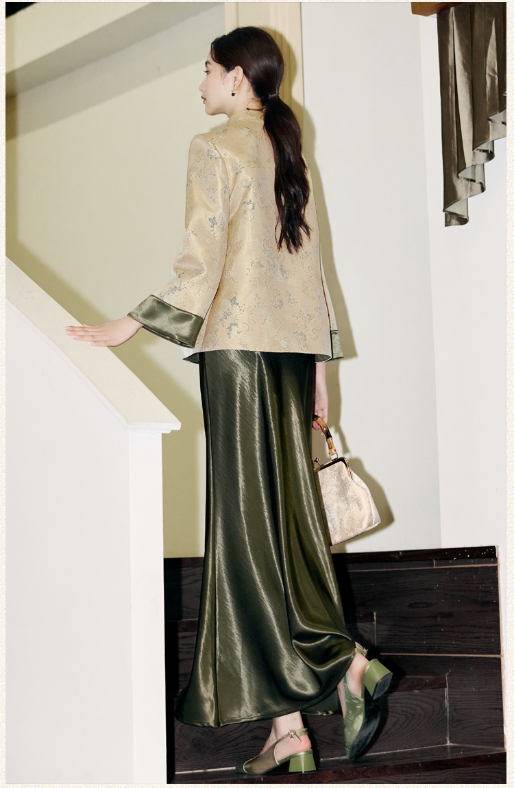 Chinese style jacquard coat cstand collar skirt a set