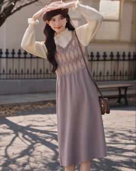 Retro splice sleeveless dress art knitted dress