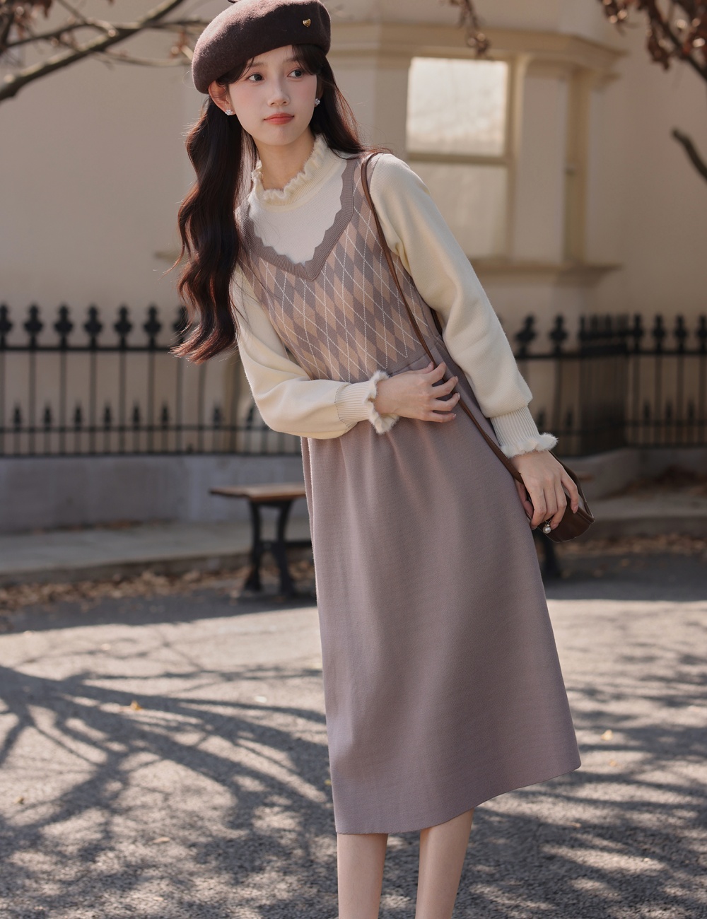 Retro splice sleeveless dress art knitted dress