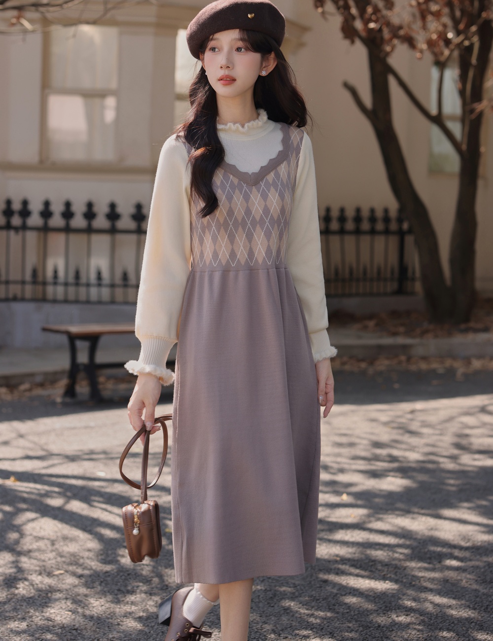 Retro splice sleeveless dress art knitted dress