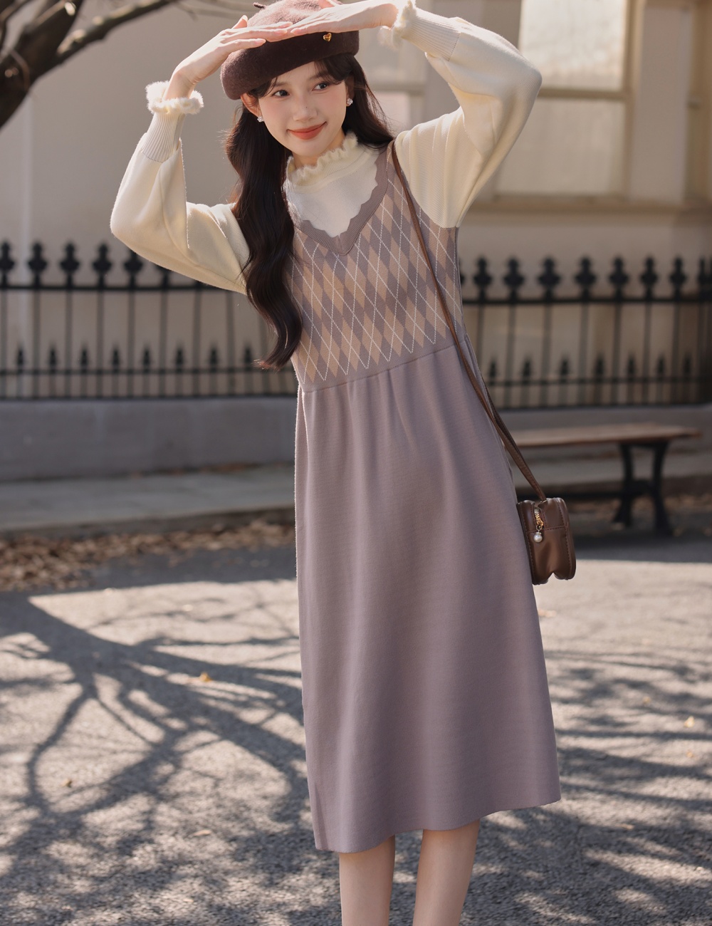 Retro splice sleeveless dress art knitted dress