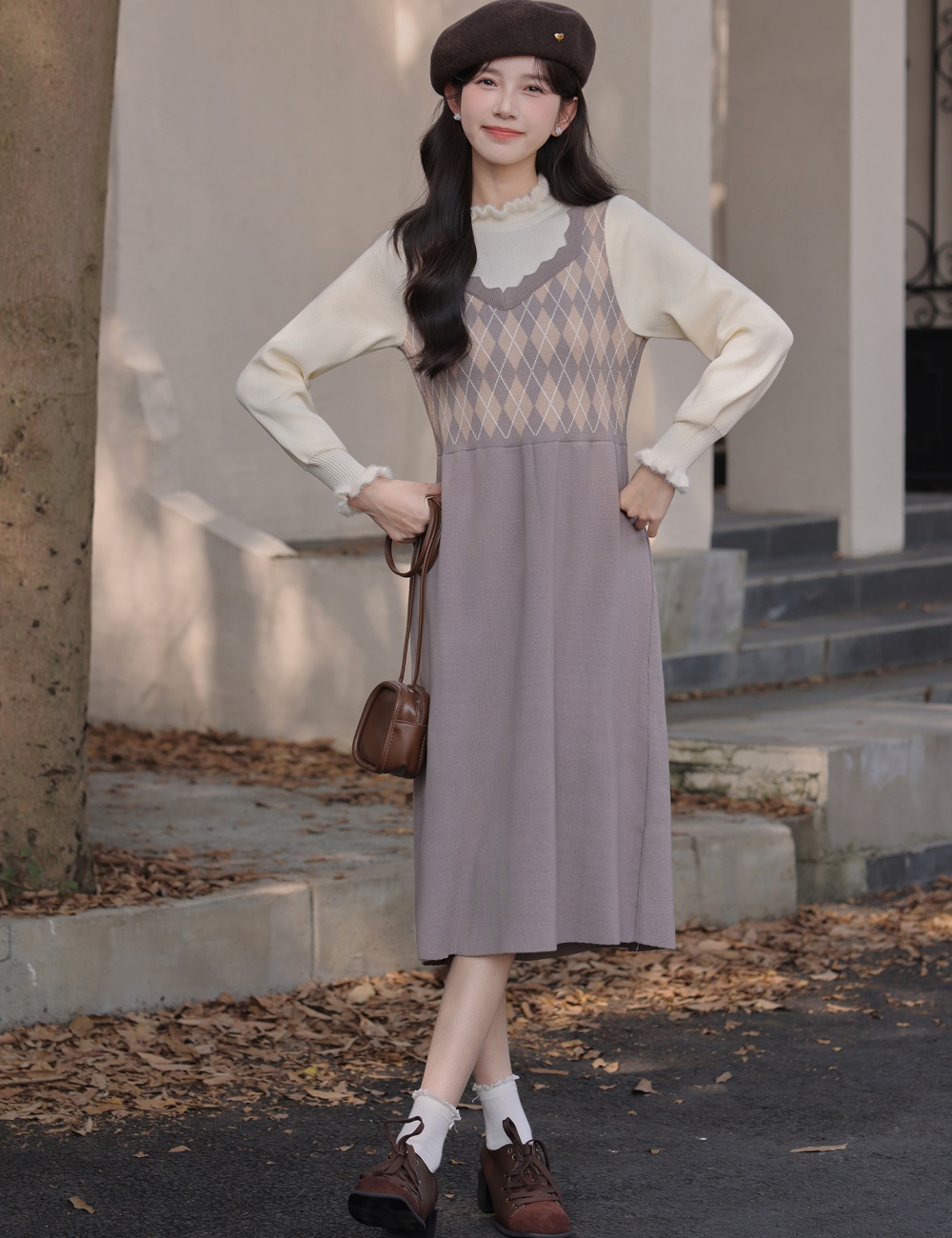 Retro splice sleeveless dress art knitted dress