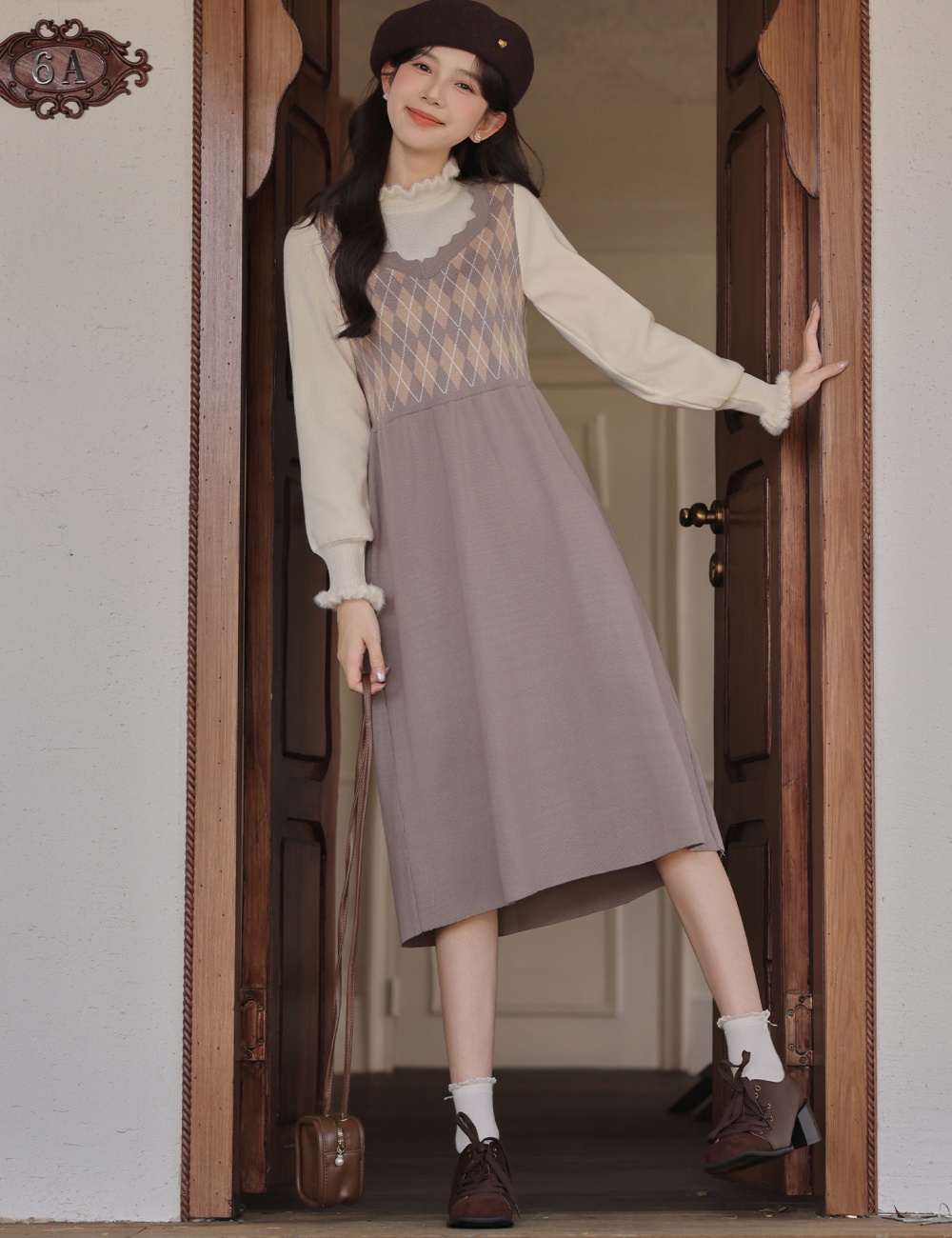 Retro splice sleeveless dress art knitted dress