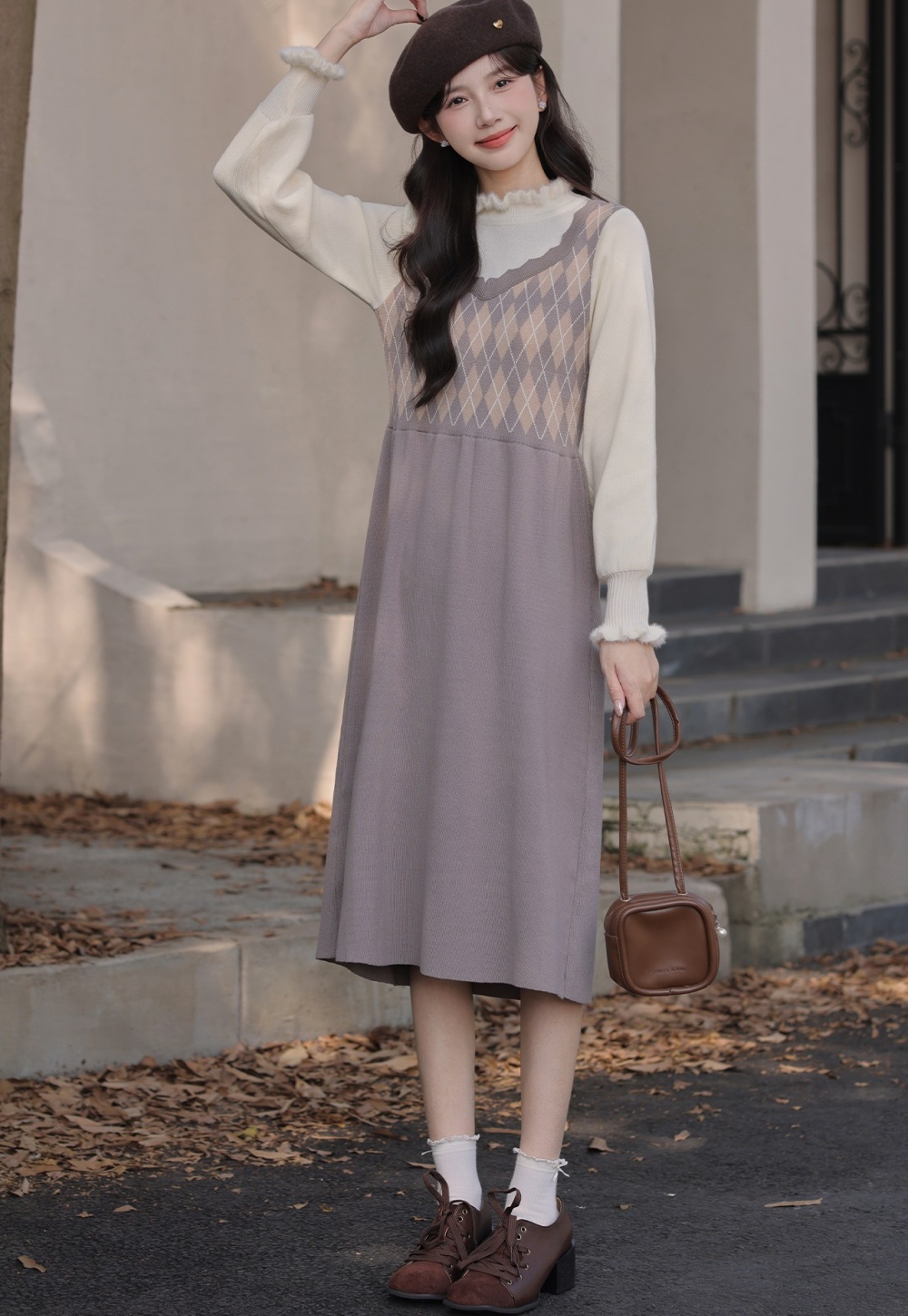 Retro splice sleeveless dress art knitted dress