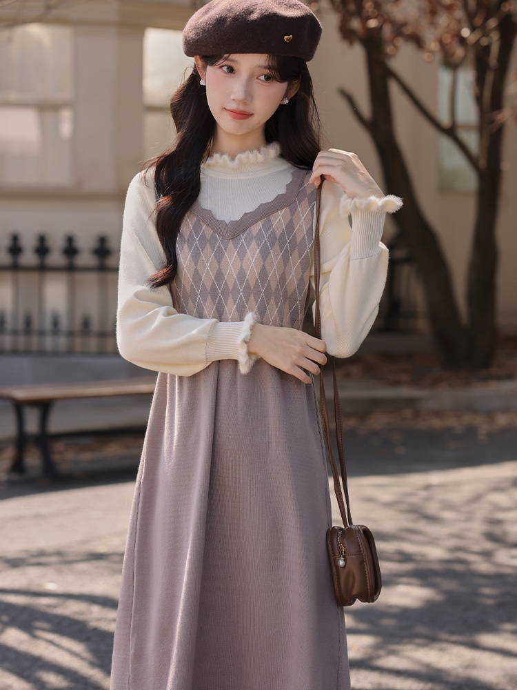 Retro splice sleeveless dress art knitted dress