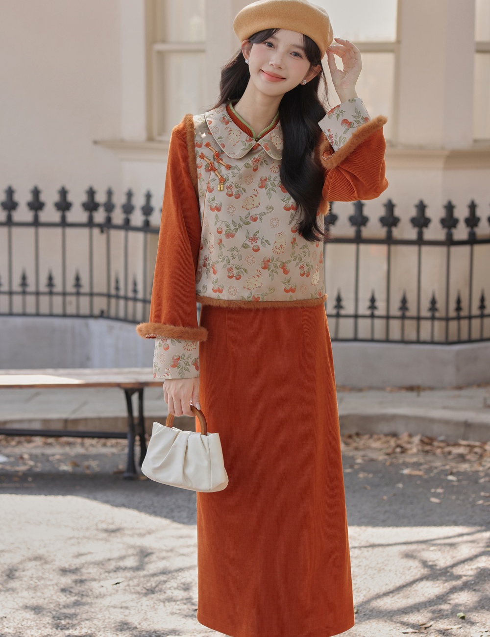 Jacquard thick waistcoat round neck dress a set