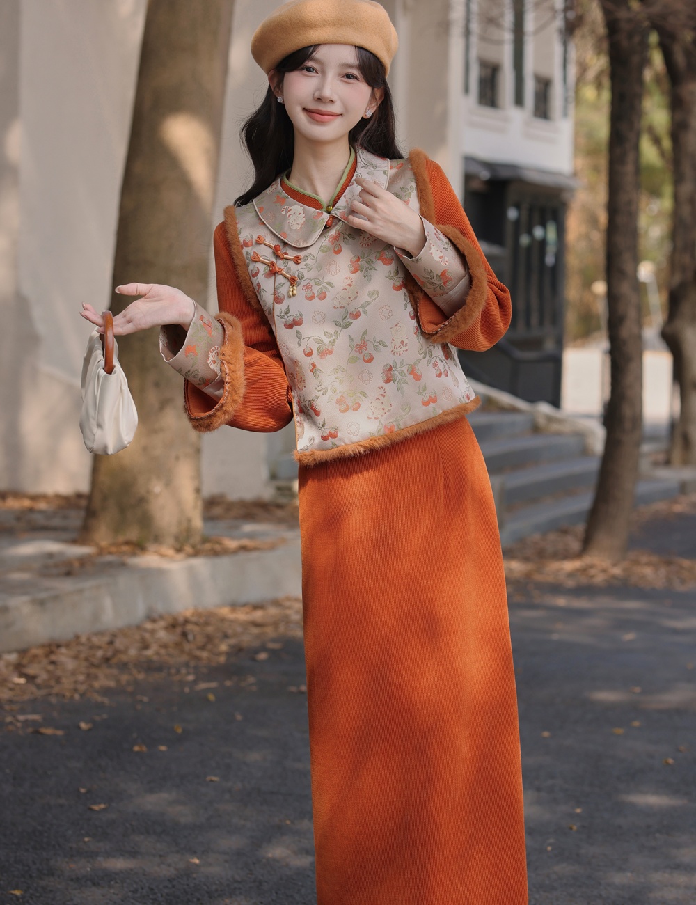 Jacquard thick waistcoat round neck dress a set