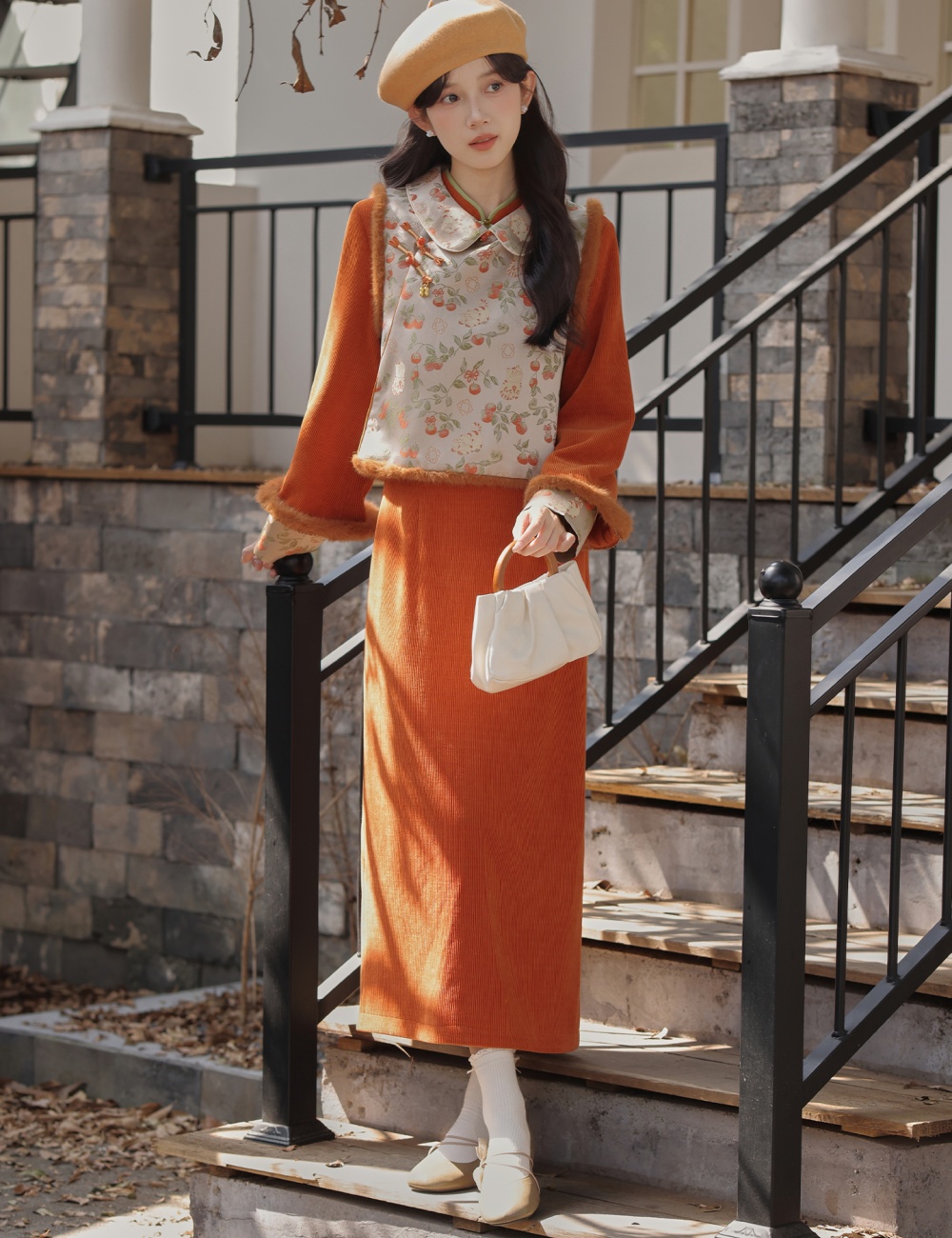 Jacquard thick waistcoat round neck dress a set