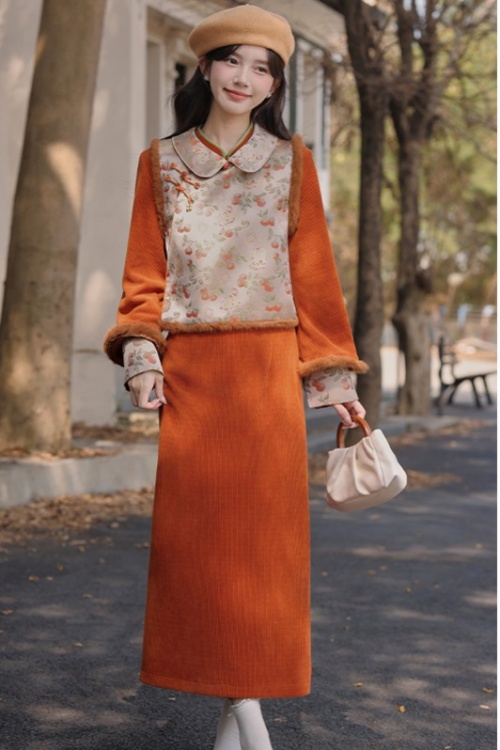 Jacquard thick waistcoat round neck dress a set