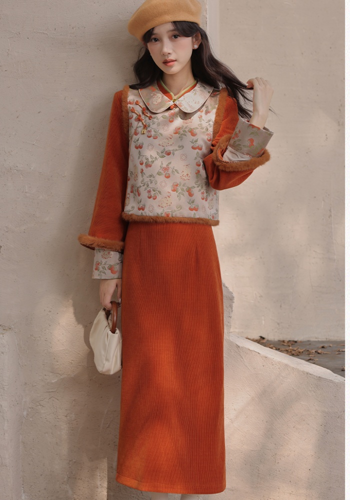 Jacquard thick waistcoat round neck dress a set