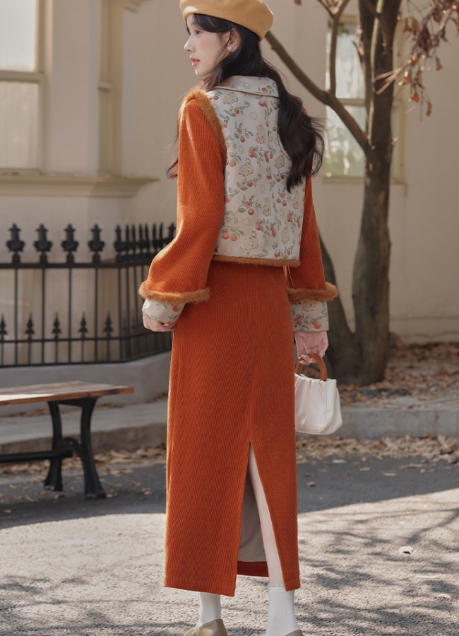 Jacquard thick waistcoat round neck dress a set