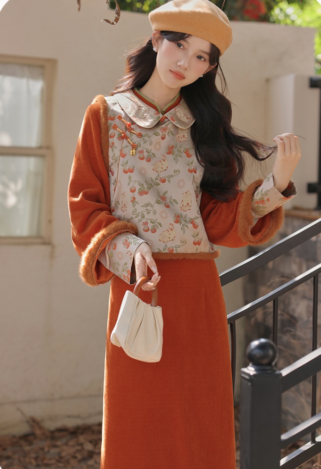 Jacquard thick waistcoat round neck dress a set