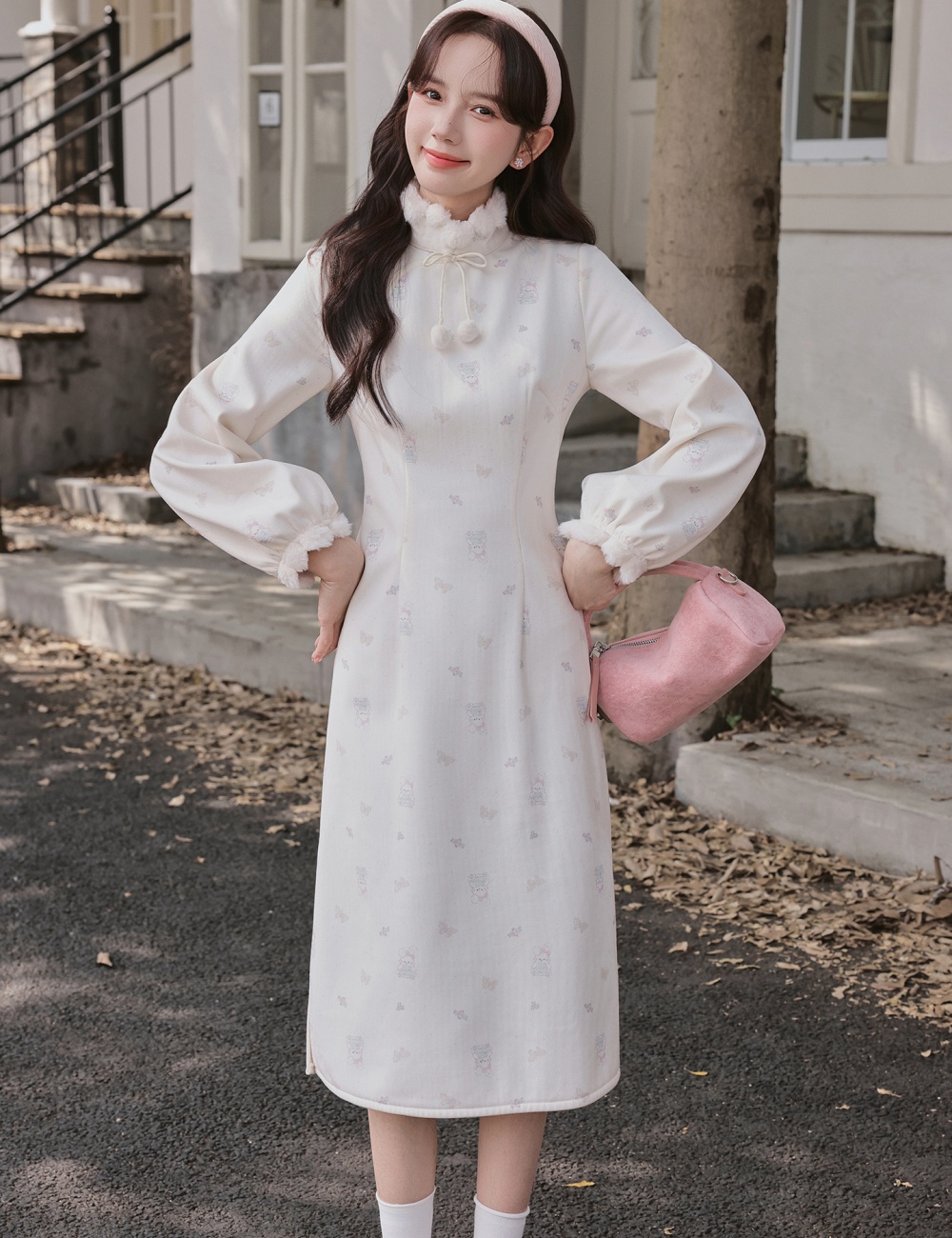 Floral complex cheongsam maiden long dress a set