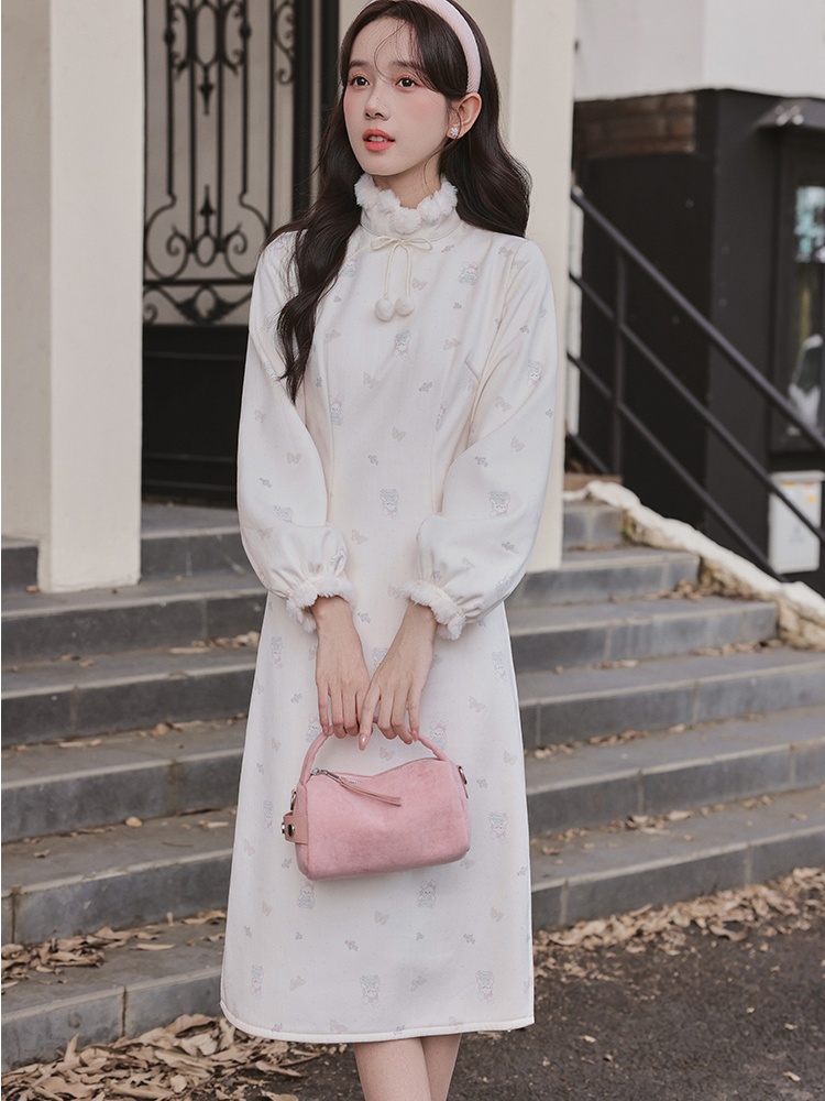 Floral complex cheongsam maiden long dress a set