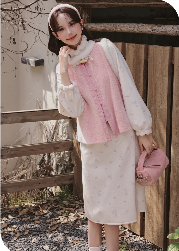 Floral complex cheongsam maiden long dress a set