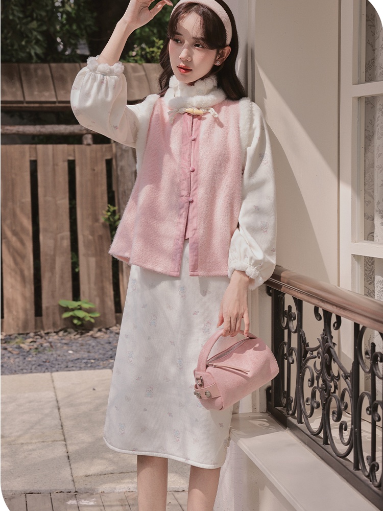 Floral complex cheongsam maiden long dress a set