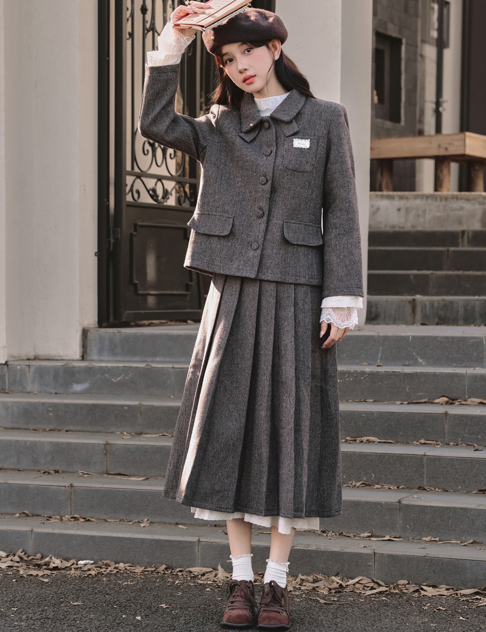 Korean style Casual coat woolen skirt 2pcs set for women