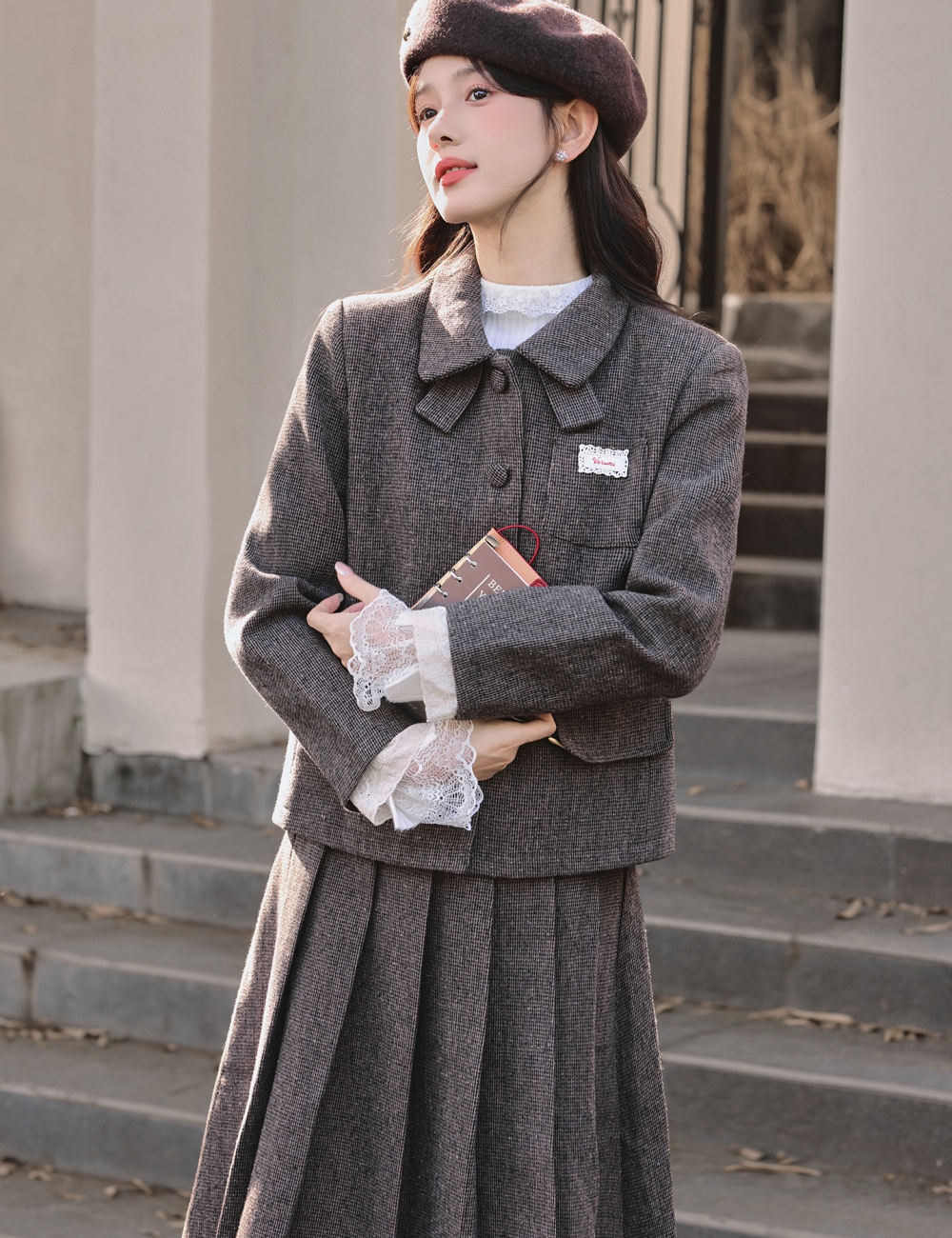 Korean style Casual coat woolen skirt 2pcs set for women