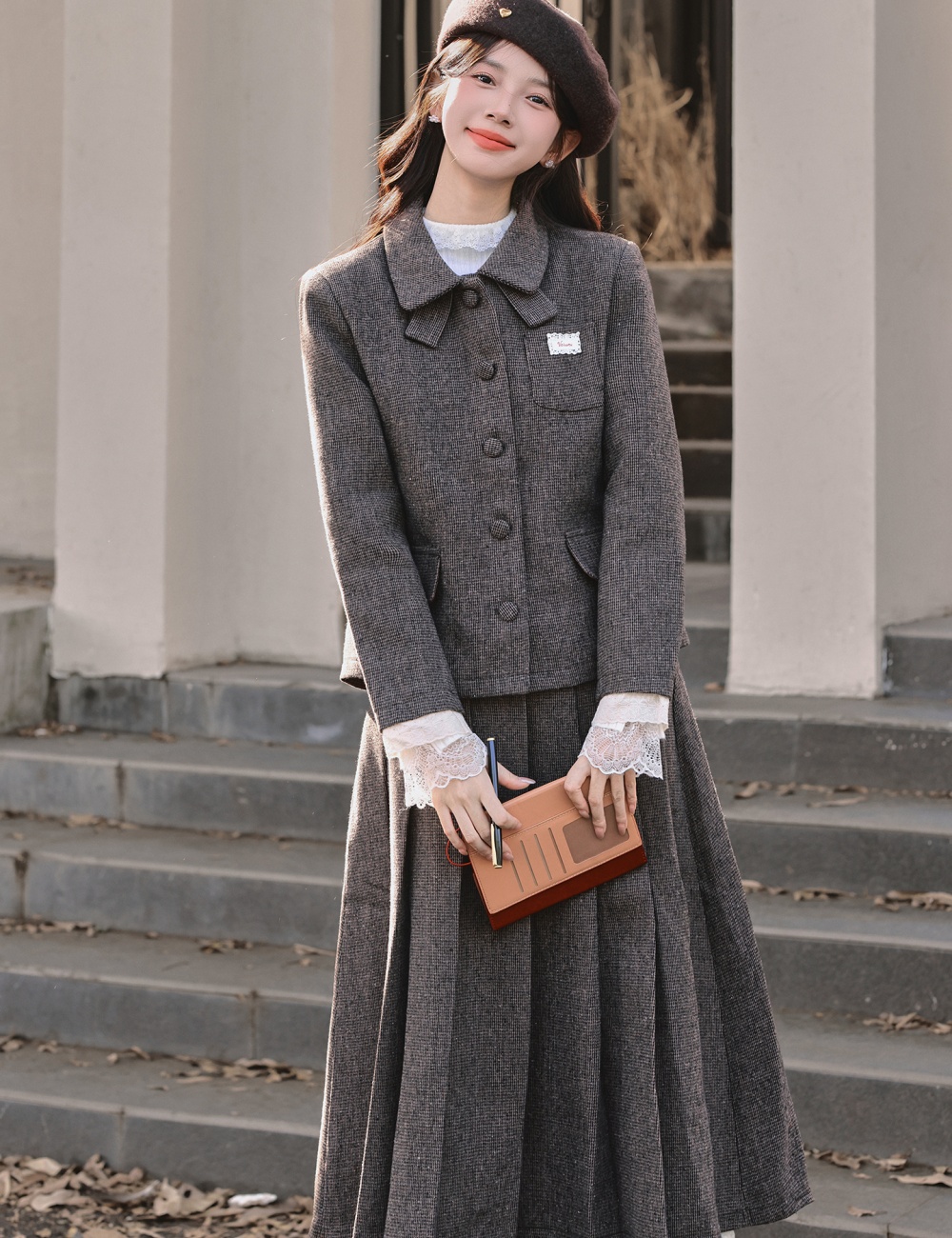 Korean style Casual coat woolen skirt 2pcs set for women