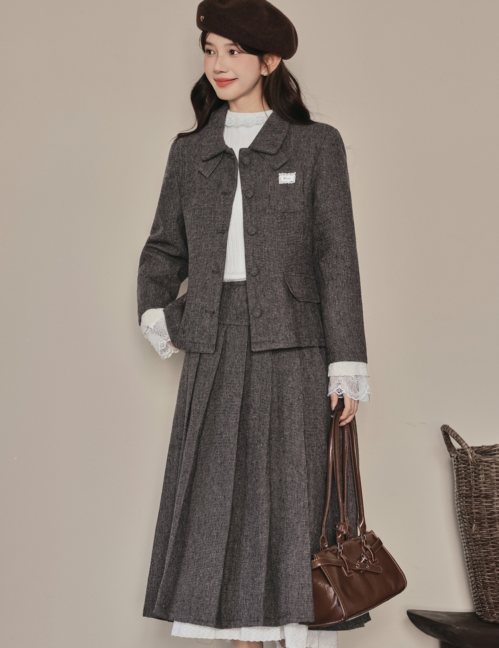 Korean style Casual coat woolen skirt 2pcs set for women