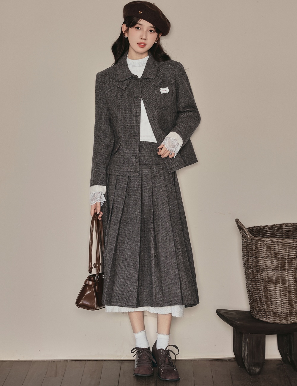 Korean style Casual coat woolen skirt 2pcs set for women