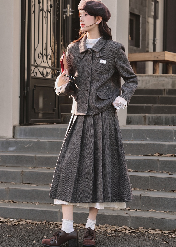 Korean style Casual coat woolen skirt 2pcs set for women