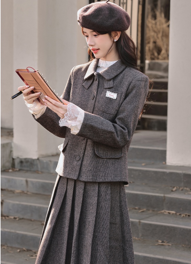 Korean style Casual coat woolen skirt 2pcs set for women