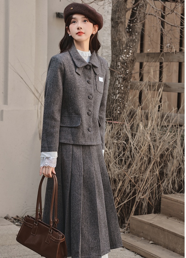Korean style Casual coat woolen skirt 2pcs set for women