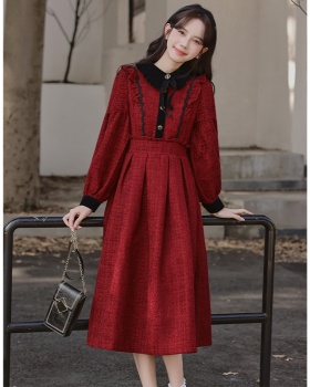 Bow red winter pinched waist show young dress for women