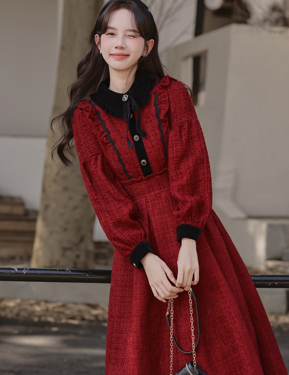 Bow red winter pinched waist show young dress for women