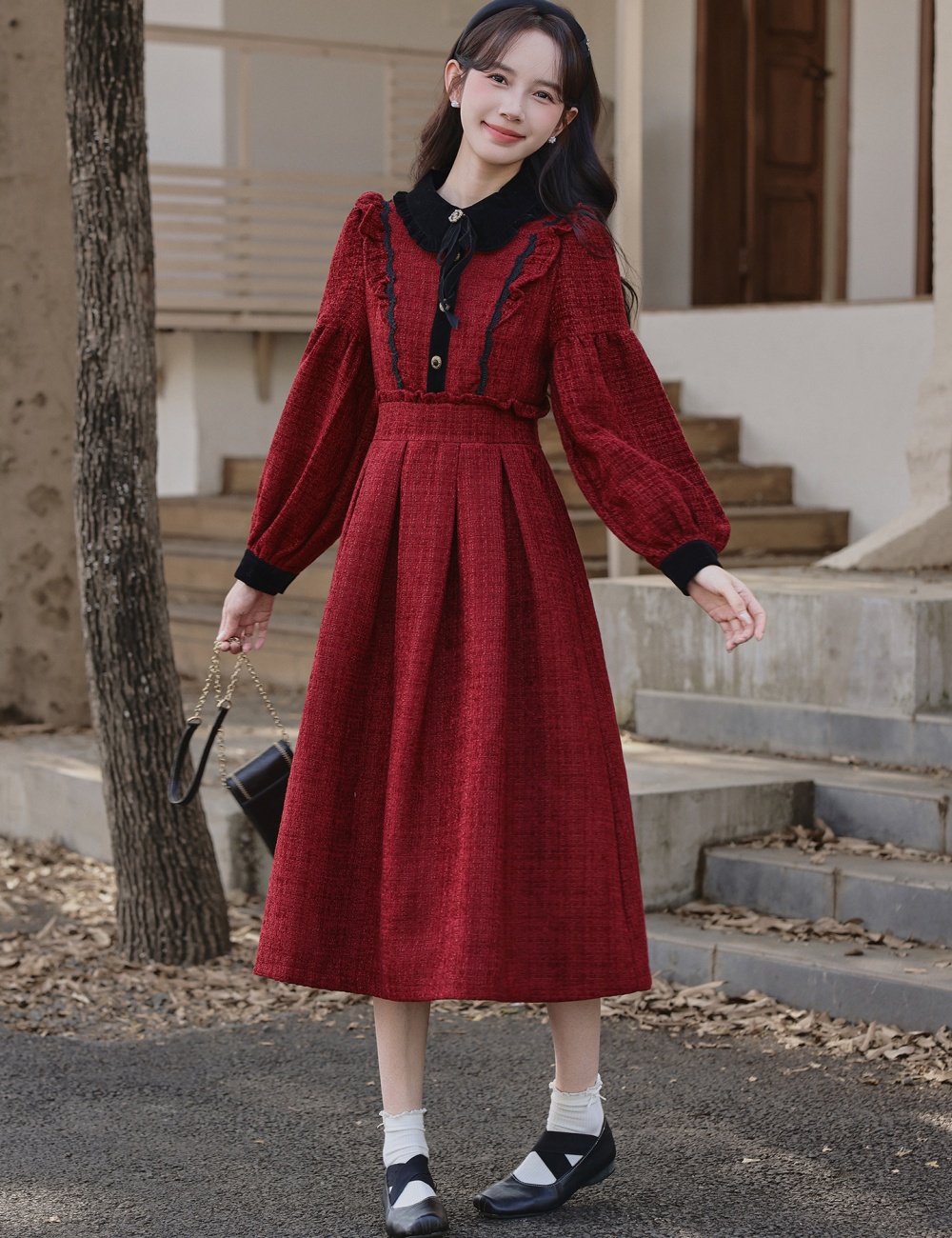 Bow red winter pinched waist show young dress for women