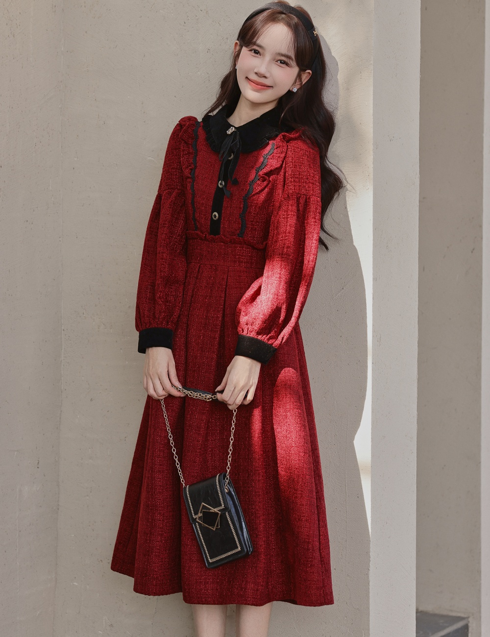 Bow red winter pinched waist show young dress for women