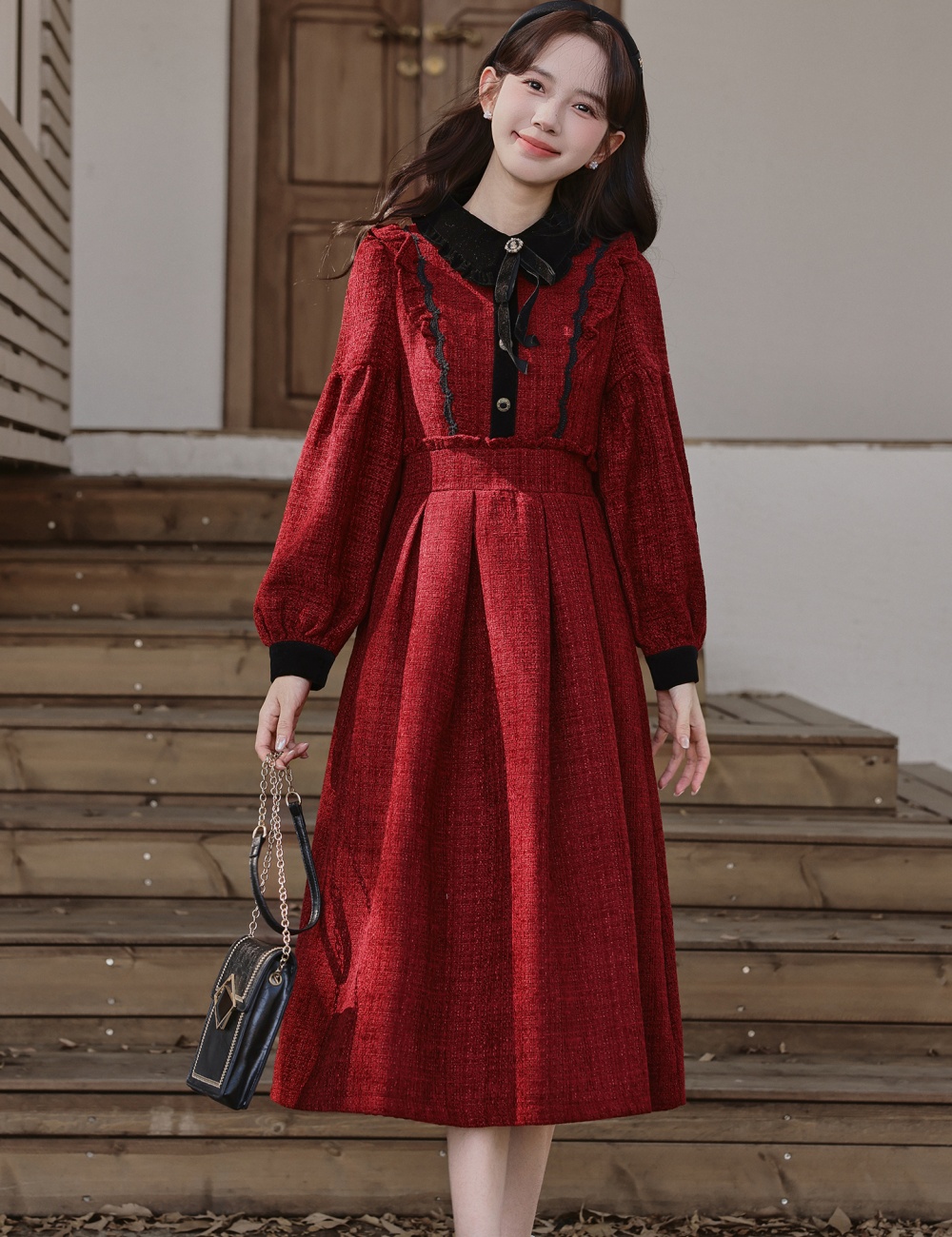 Bow red winter pinched waist show young dress for women