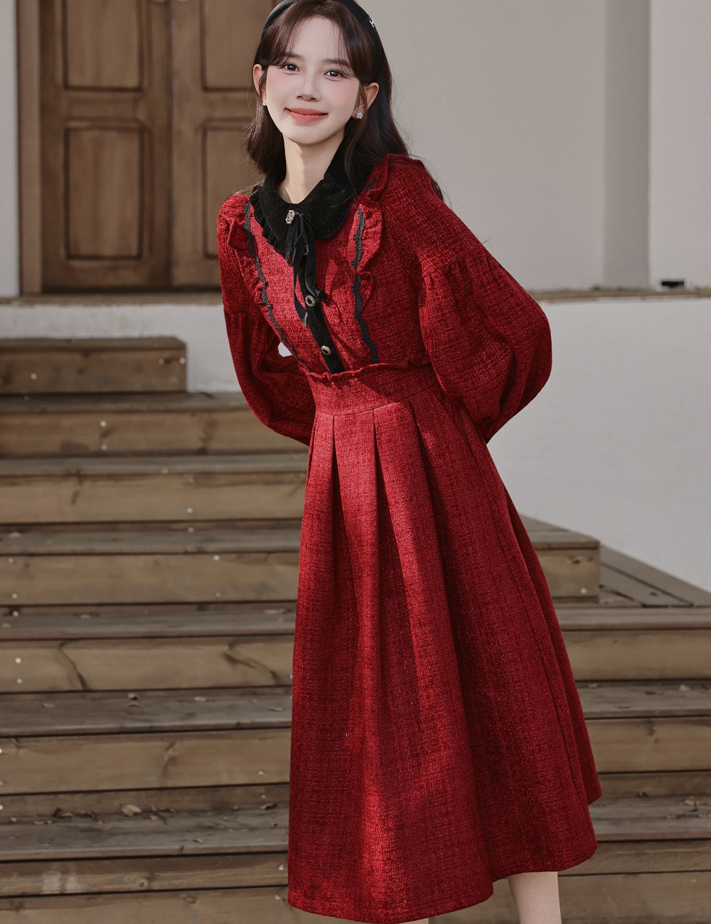 Bow red winter pinched waist show young dress for women