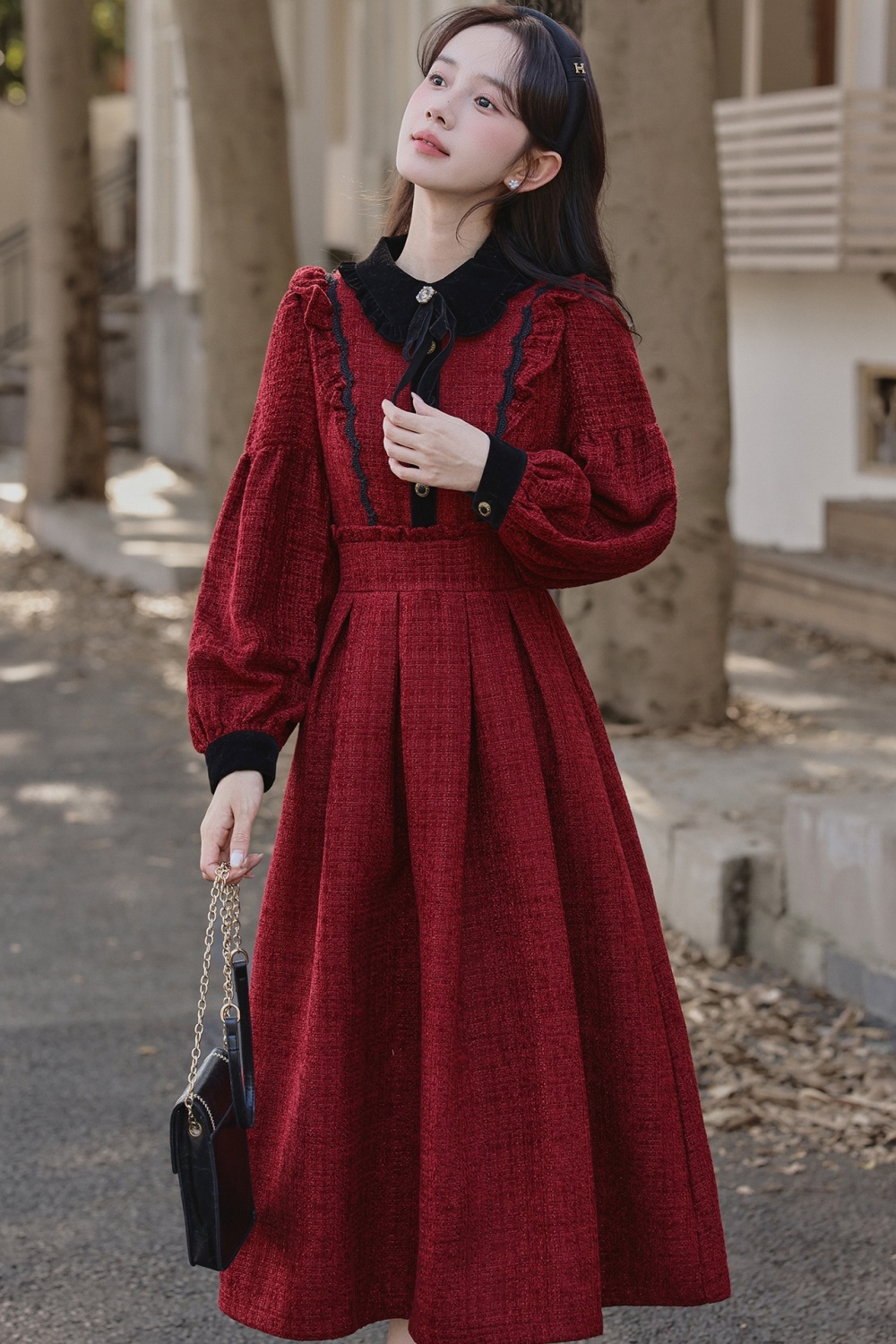Bow red winter pinched waist show young dress for women