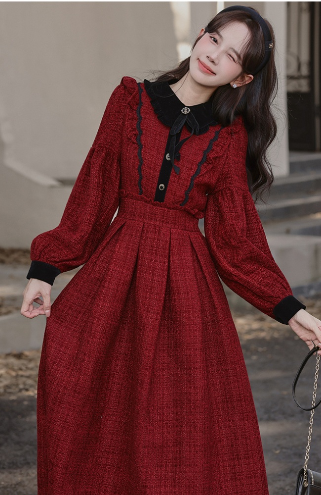 Bow red winter pinched waist show young dress for women