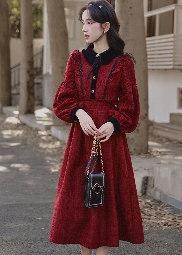 Bow red winter pinched waist show young dress for women