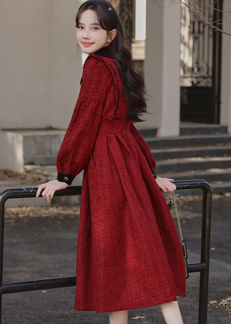 Bow red winter pinched waist show young dress for women