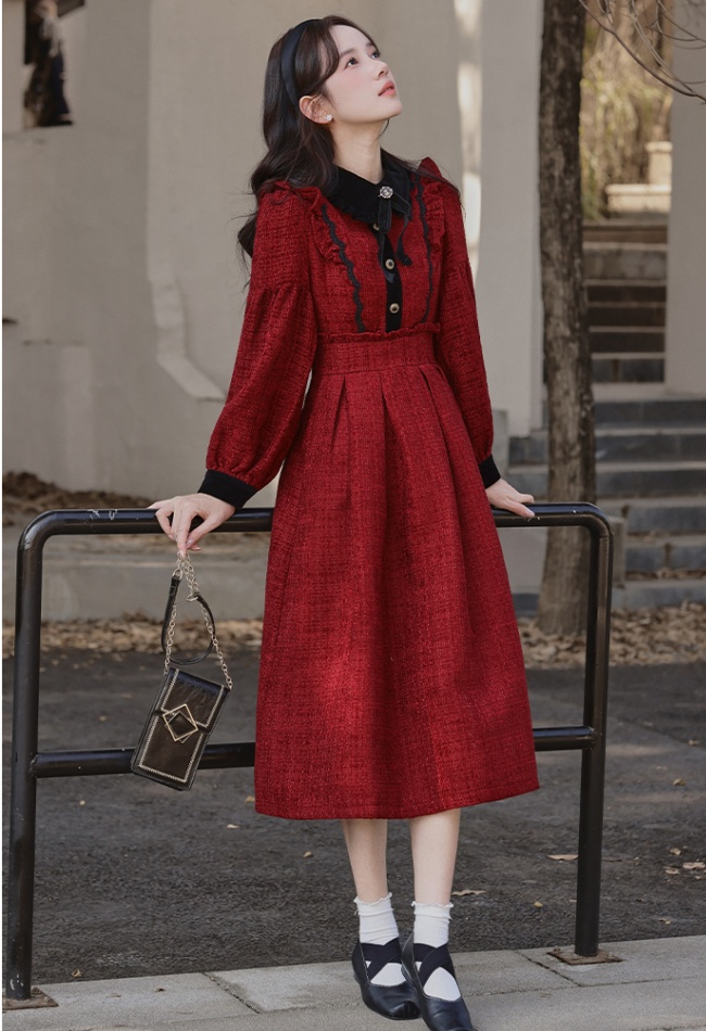 Bow red winter pinched waist show young dress for women