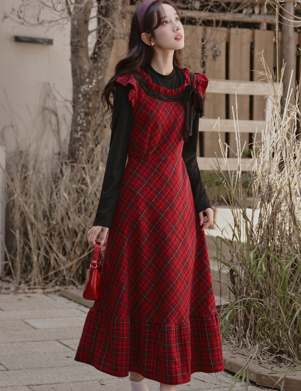 Plaid autumn and winter long dress red sweet dress