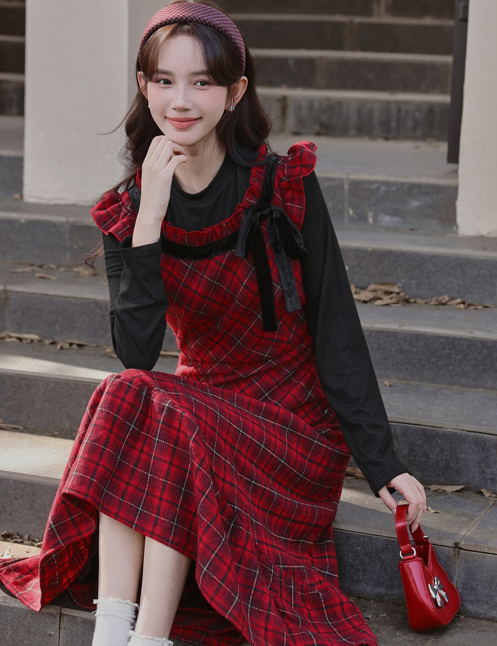 Plaid autumn and winter long dress red sweet dress