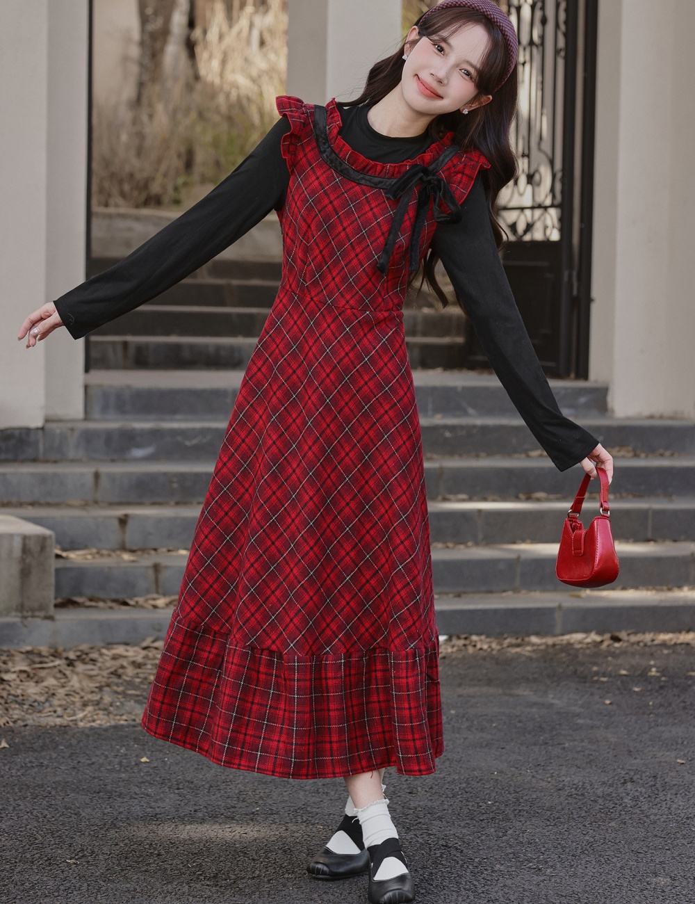 Plaid autumn and winter long dress red sweet dress