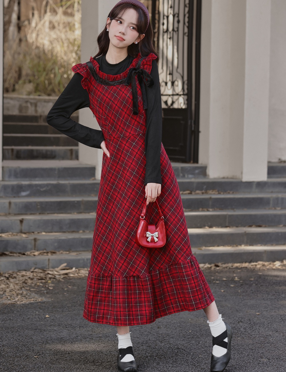 Plaid autumn and winter long dress red sweet dress