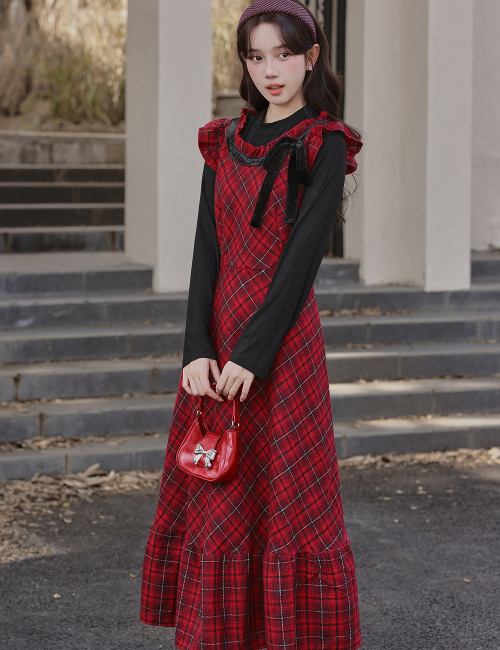 Plaid autumn and winter long dress red sweet dress